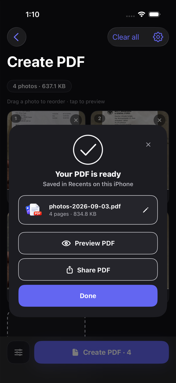 PhotoPDF confirmation screen showing a completed four-page PDF